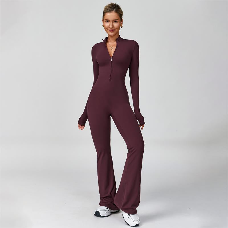 Women's Long Sleeve Flared Sports Jumpsuit - Zipper Closure, Wide Leg Bodysuit, Stylish One-Piece Activewear for Fitness, Yoga, Pilates, Casual Outings, and Street Style, Includes Tennis Skirt with Shorts and Tie-Front Design