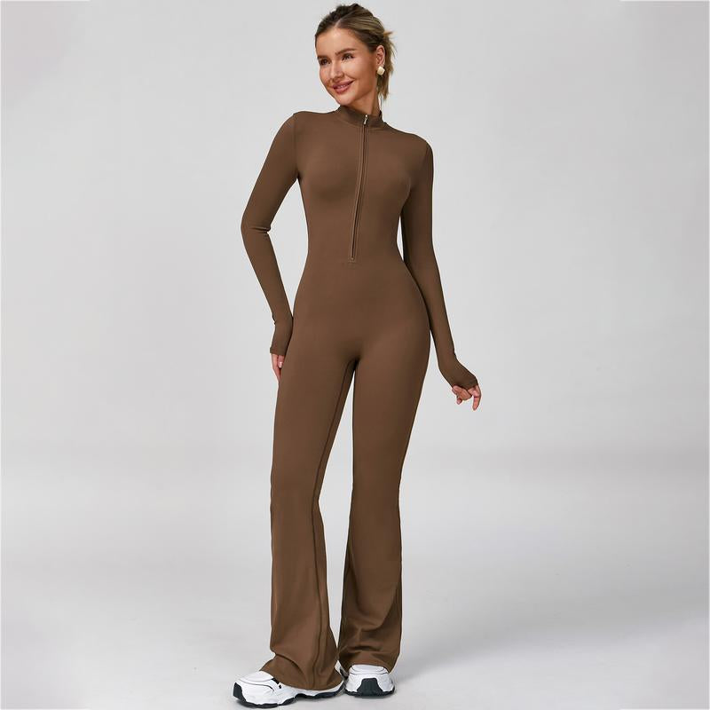 Women's Long Sleeve Flared Sports Jumpsuit - Zipper Closure, Wide Leg Bodysuit, Stylish One-Piece Activewear for Fitness, Yoga, Pilates, Casual Outings, and Street Style, Includes Tennis Skirt with Shorts and Tie-Front Design