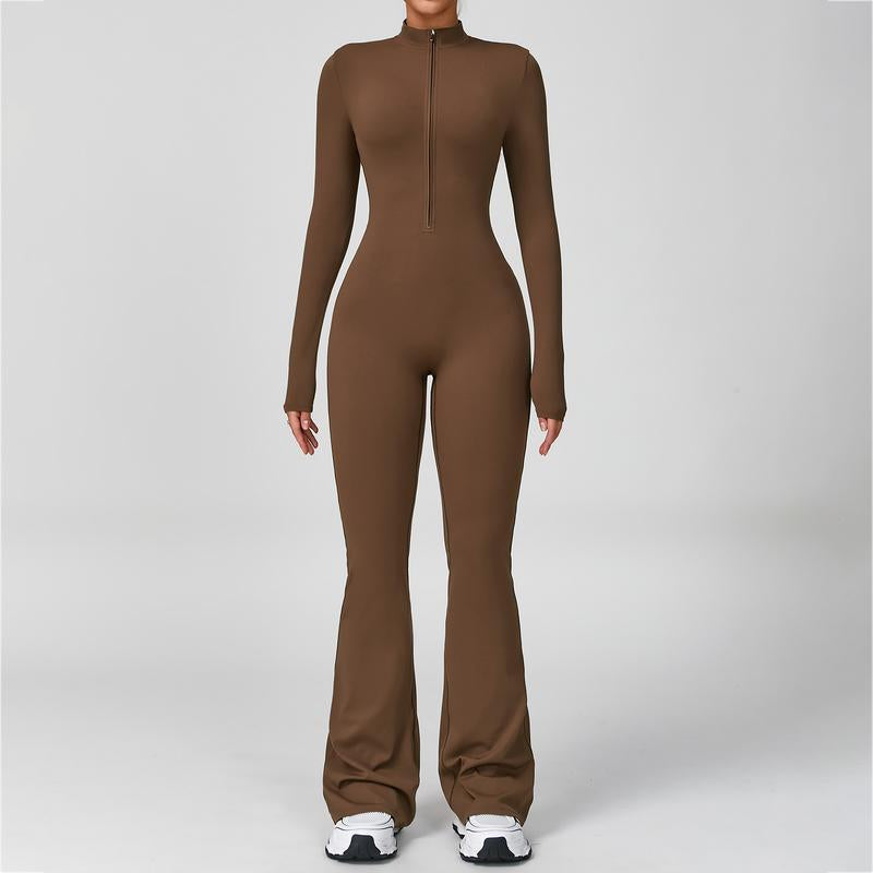 Women's Long Sleeve Flared Sports Jumpsuit - Zipper Closure, Wide Leg Bodysuit, Stylish One-Piece Activewear for Fitness, Yoga, Pilates, Casual Outings, and Street Style, Includes Tennis Skirt with Shorts and Tie-Front Design