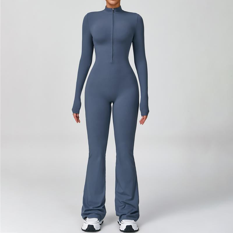 Women's Long Sleeve Flared Sports Jumpsuit - Zipper Closure, Wide Leg Bodysuit, Stylish One-Piece Activewear for Fitness, Yoga, Pilates, Casual Outings, and Street Style, Includes Tennis Skirt with Shorts and Tie-Front Design