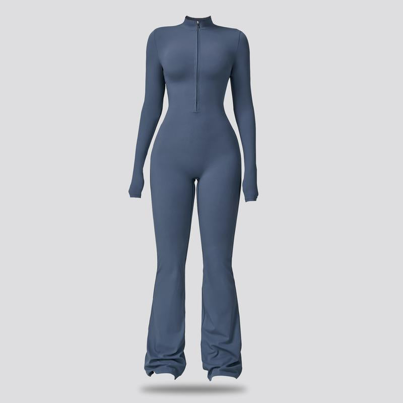 Women's Long Sleeve Flared Sports Jumpsuit - Zipper Closure, Wide Leg Bodysuit, Stylish One-Piece Activewear for Fitness, Yoga, Pilates, Casual Outings, and Street Style, Includes Tennis Skirt with Shorts and Tie-Front Design