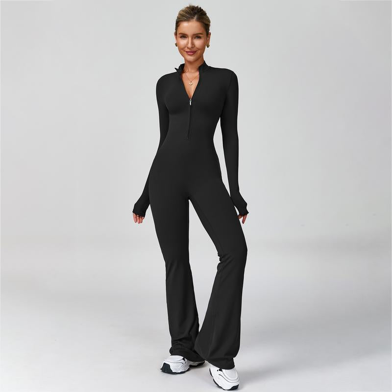 Women's Long Sleeve Flared Sports Jumpsuit - Zipper Closure, Wide Leg Bodysuit, Stylish One-Piece Activewear for Fitness, Yoga, Pilates, Casual Outings, and Street Style, Includes Tennis Skirt with Shorts and Tie-Front Design