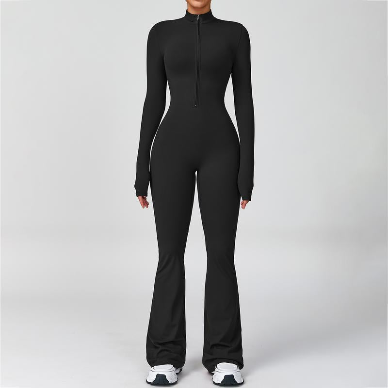 Women's Long Sleeve Flared Sports Jumpsuit - Zipper Closure, Wide Leg Bodysuit, Stylish One-Piece Activewear for Fitness, Yoga, Pilates, Casual Outings, and Street Style, Includes Tennis Skirt with Shorts and Tie-Front Design
