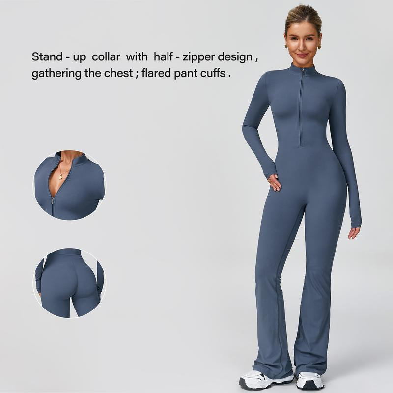 Women's Long Sleeve Flared Sports Jumpsuit - Zipper Closure, Wide Leg Bodysuit, Stylish One-Piece Activewear for Fitness, Yoga, Pilates, Casual Outings, and Street Style, Includes Tennis Skirt with Shorts and Tie-Front Design