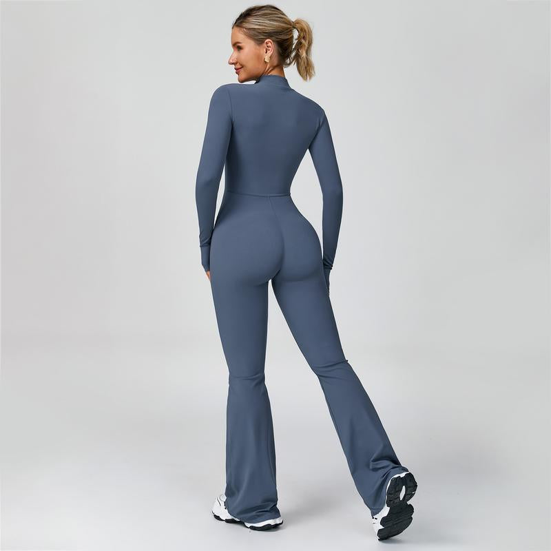 Women's Long Sleeve Flared Sports Jumpsuit - Zipper Closure, Wide Leg Bodysuit, Stylish One-Piece Activewear for Fitness, Yoga, Pilates, Casual Outings, and Street Style, Includes Tennis Skirt with Shorts and Tie-Front Design