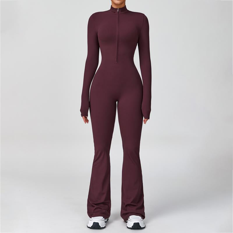 Women's Long Sleeve Flared Sports Jumpsuit - Zipper Closure, Wide Leg Bodysuit, Stylish One-Piece Activewear for Fitness, Yoga, Pilates, Casual Outings, and Street Style, Includes Tennis Skirt with Shorts and Tie-Front Design