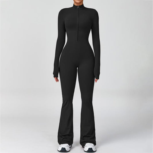 Women's Long Sleeve Flared Sports Jumpsuit - Zipper Closure, Wide Leg Bodysuit, Stylish One-Piece Activewear for Fitness, Yoga, Pilates, Casual Outings, and Street Style, Includes Tennis Skirt with Shorts and Tie-Front Design